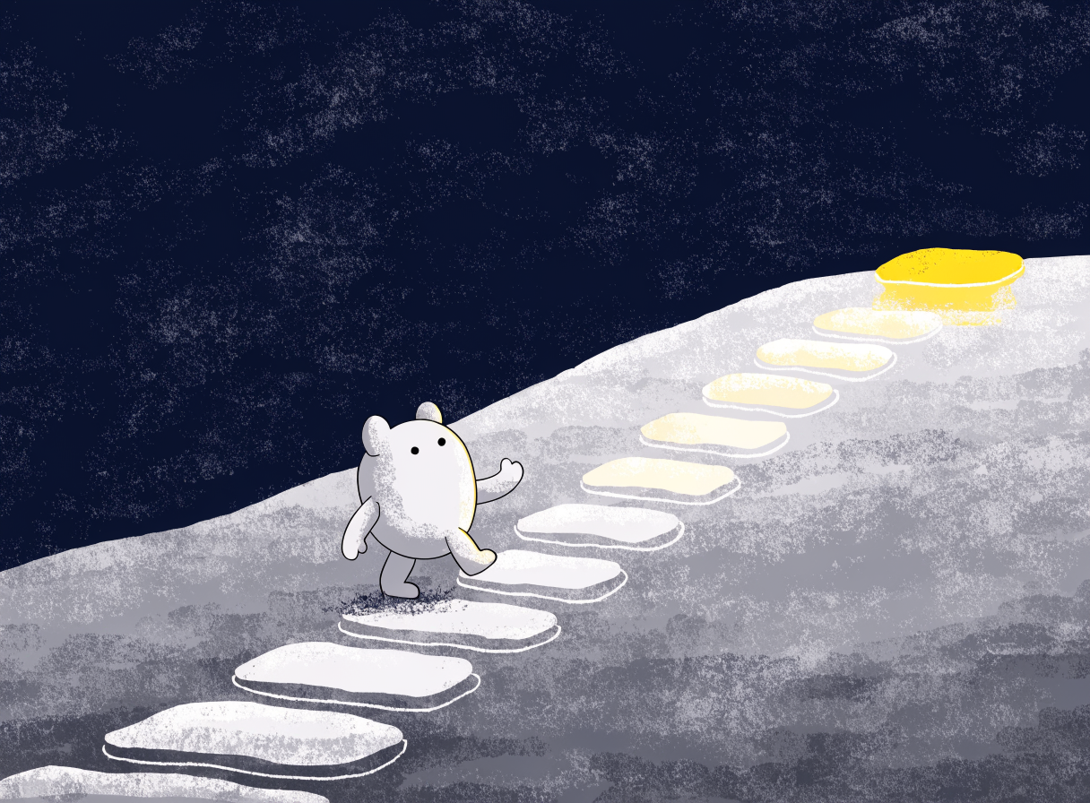 Pika climbing a path of levels toward a glowing finish